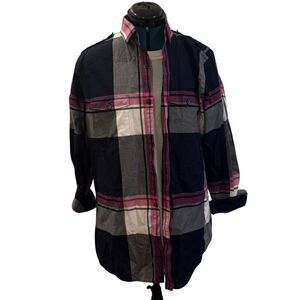 Express Button‑Up Plaid Dress Shirt - Navy White Pink, Large (L)